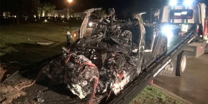 The wreckage of the Tesla Model S that crashed in Texas, April 17 2021. Reuters