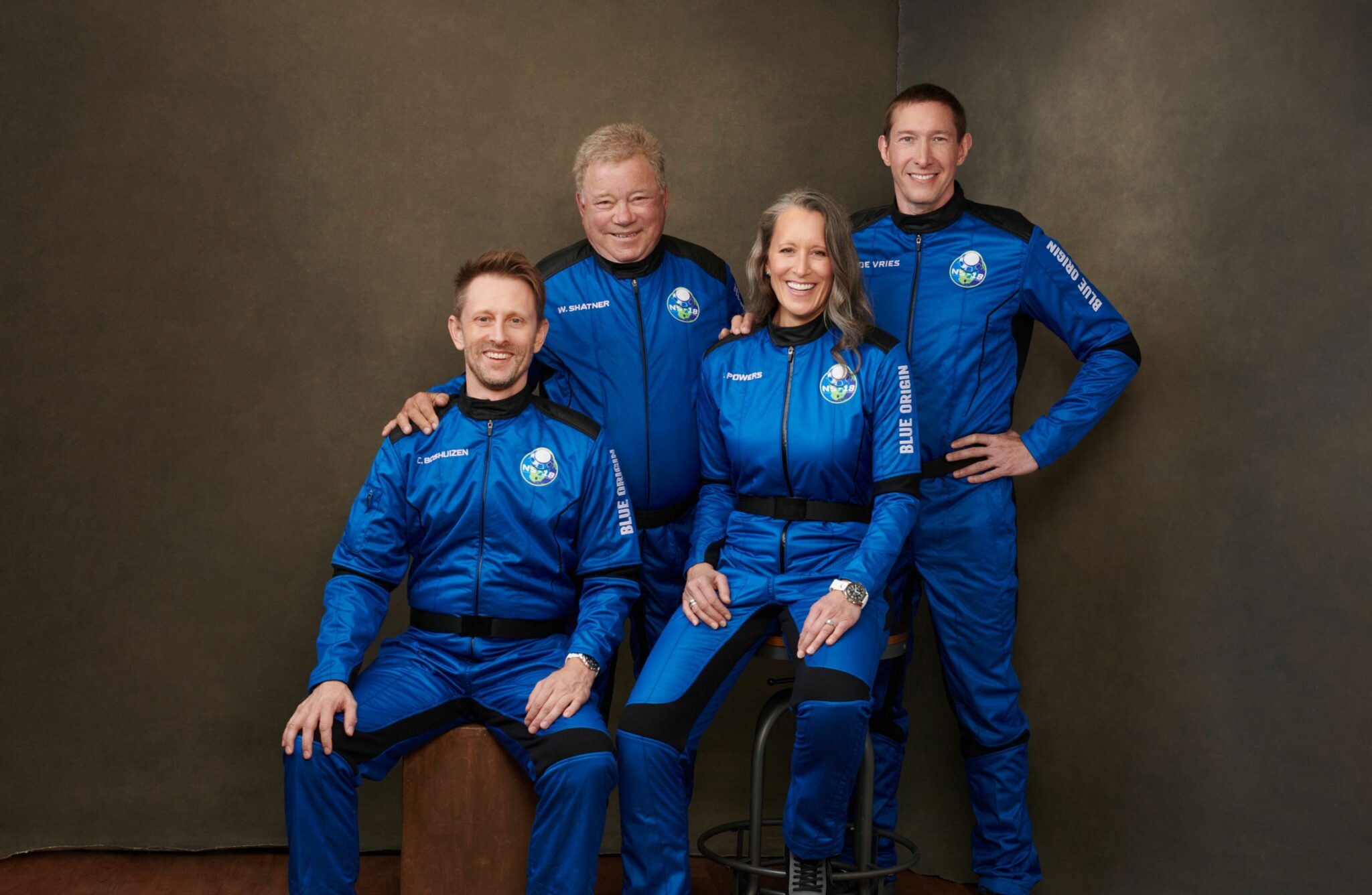 The crew of NS-18, from left: Audrey Powers, William Shatner, Dr. Chris Boshuizen, and Glen de Vries.