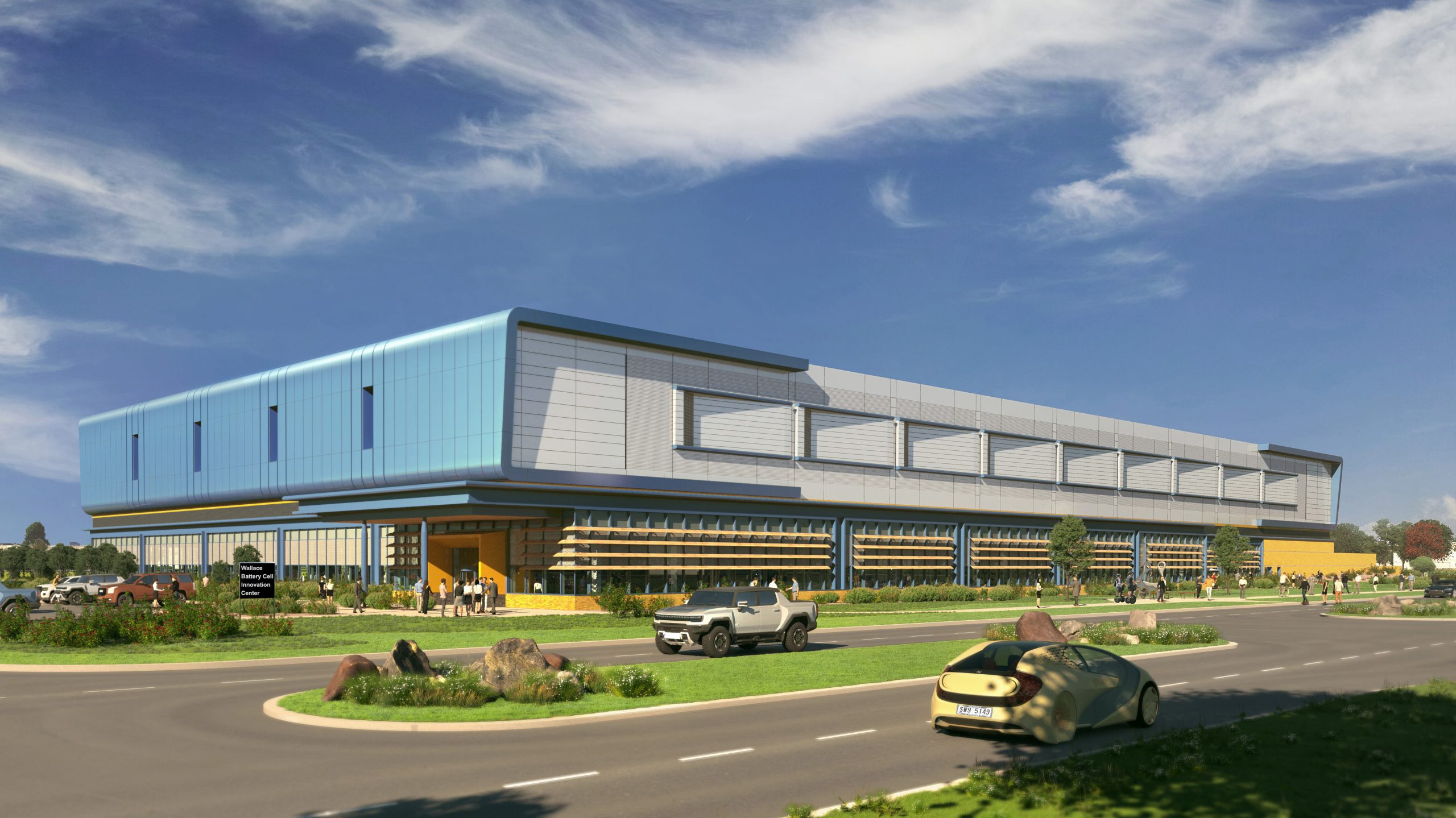 Architectural rendering of the completed first phase of GM’s Wallace Battery Cell Innovation Center. The Wallace Center will will accelerate new technologies like lithium-metal, silicon and solid-state batteries along with production methods that can quickly be deployed at battery cell manufacturing plants like GM’s joint ventures with LG Energy Solution in Lordstown, Ohio, and Spring Hill, Tennessee, along with other undisclosed locations.