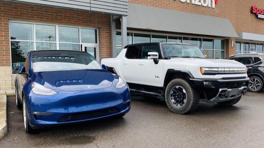 Above: Tesla Model Y (left) and a Hummer EV production-ready prototype (right) parked side-by-side outside Starbucks (Source: u/VicBurgundy / Reddit, posted with written permission)