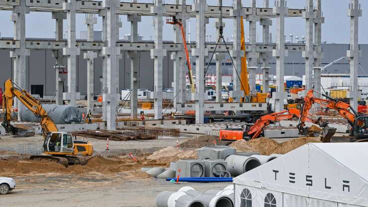 The shell of the future battery factory on the Tesla Gigafactory construction site east of Berlin.